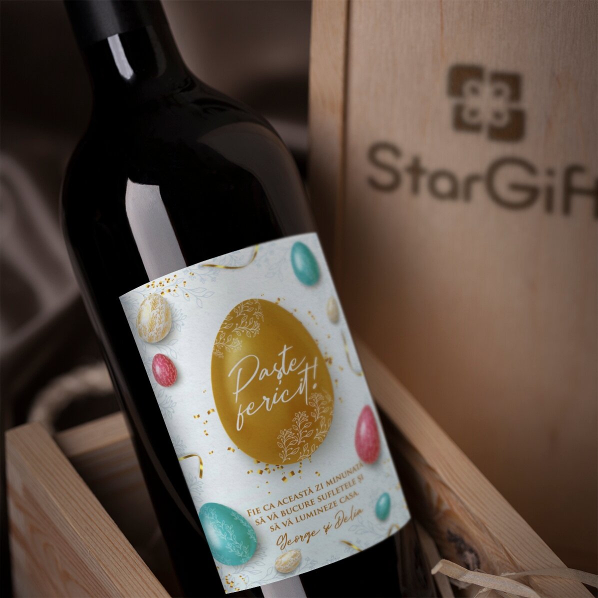 Vin personalizat cu text pentru Paște - Happy Easter